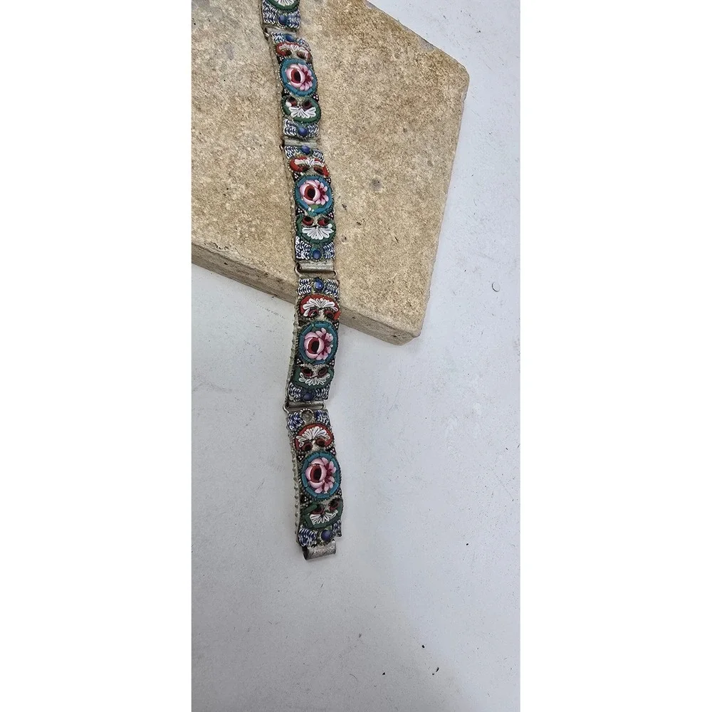 Vtg Italian micro mosaic link panel bracelet floral glass artsy tesserae tiles